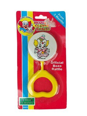NEW Vintage Bozo's Clown Babies Plastic Rattle 1992 Child Guidance Yellow/White